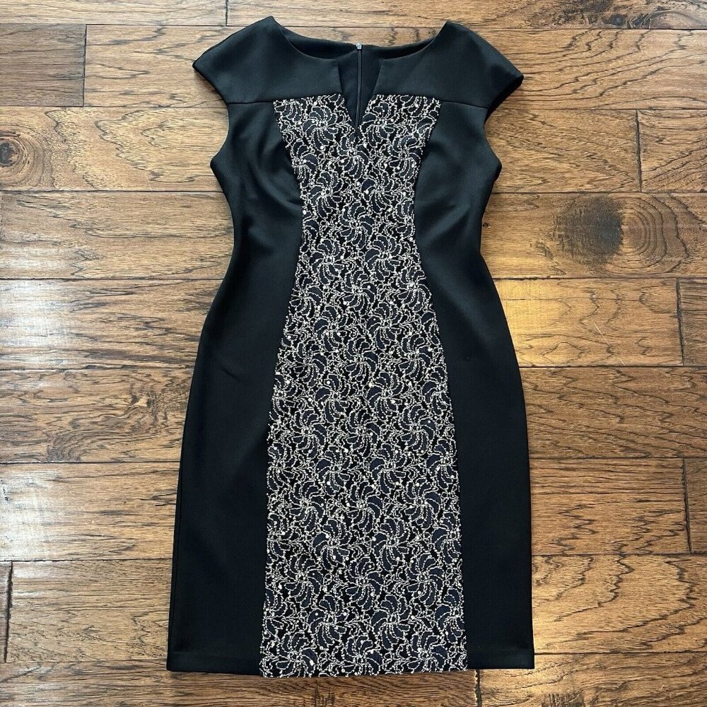 VTG Connected Apparel Women's Dress Size 6 Black Gold Midi Sheath Stretch - Picture 11 of 16